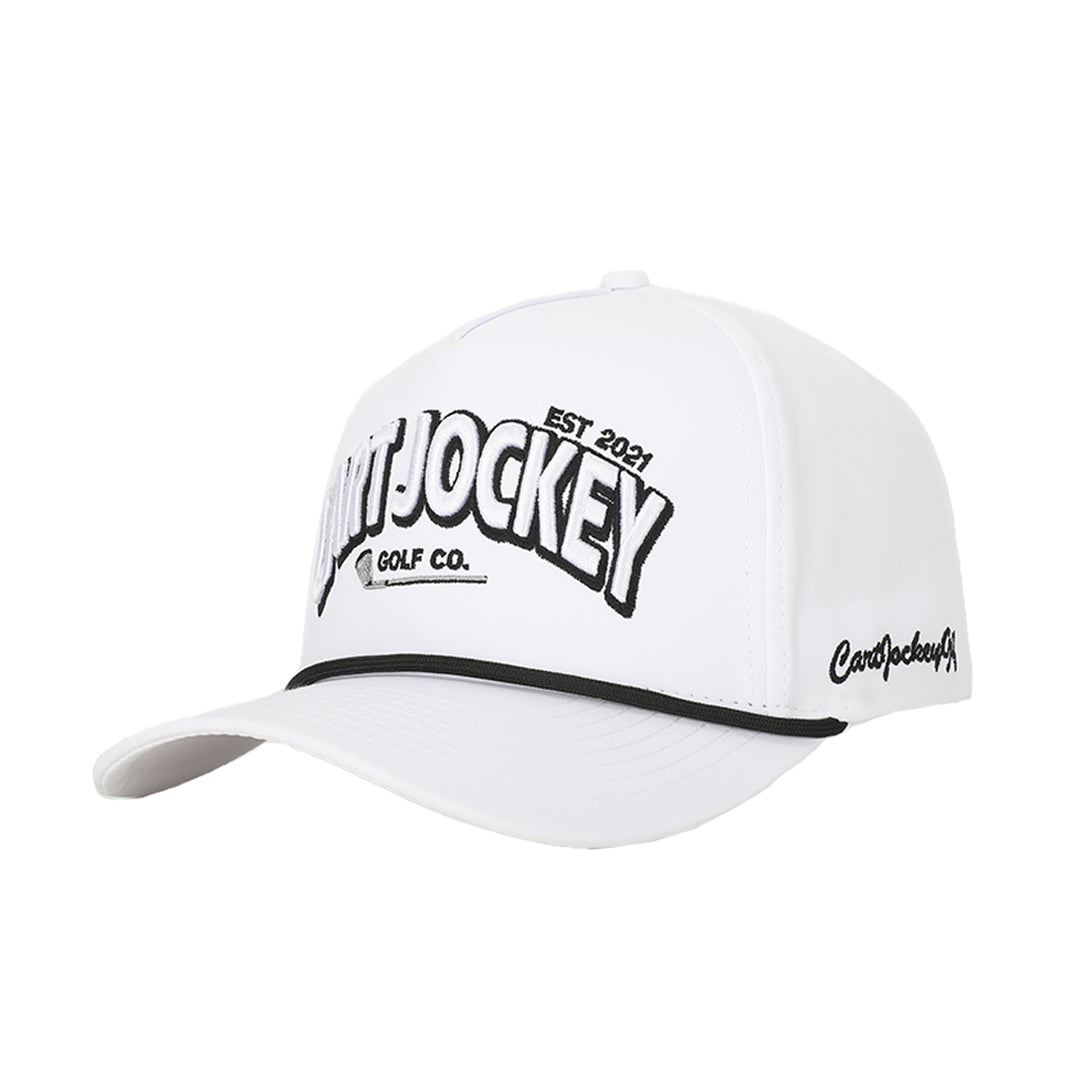 The Cart Jockey Golf Caddie White Rope Hat with black text.
