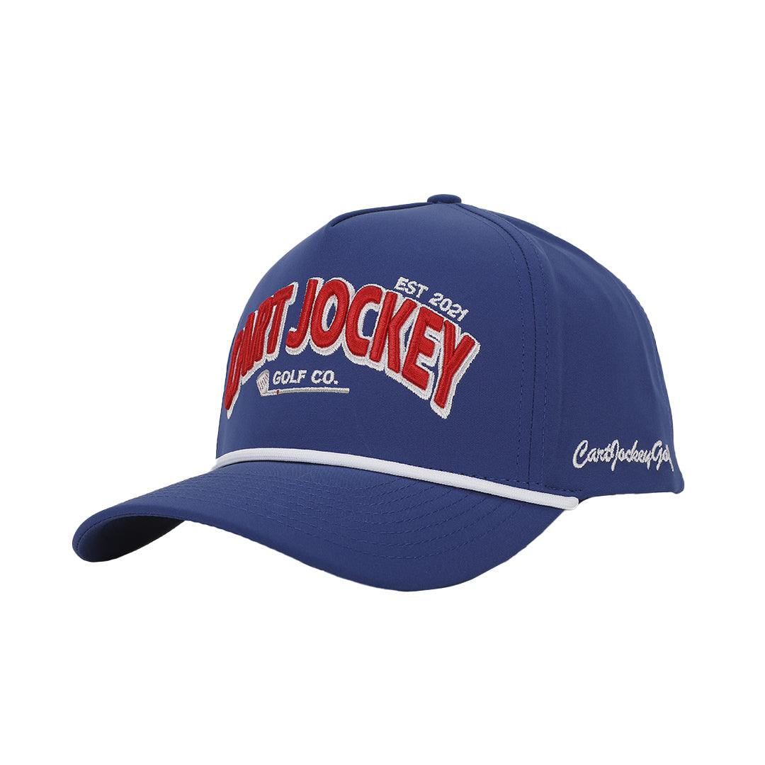 a Cart Jockey Golf blue hat with red text.