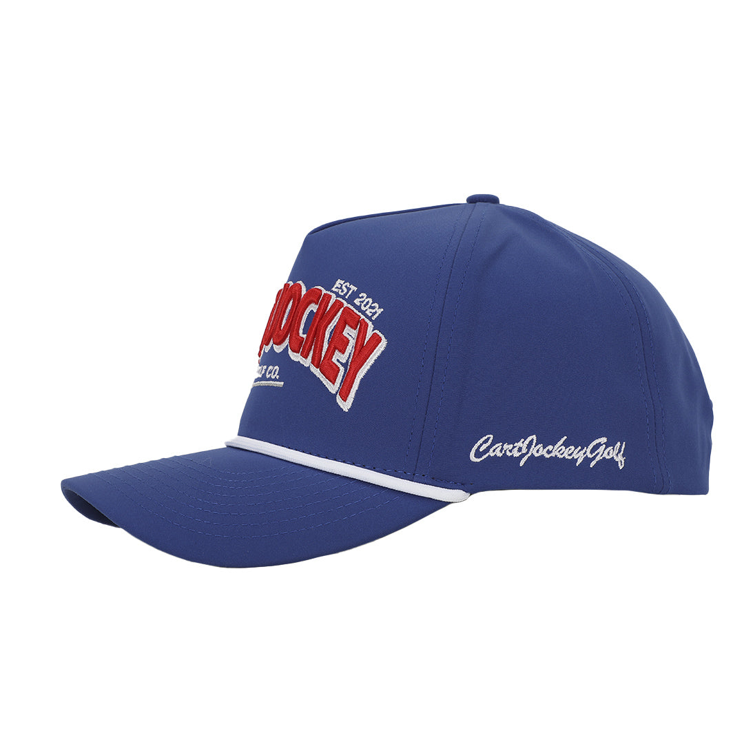 A blue Cart Jockey Golf hat with white text.
