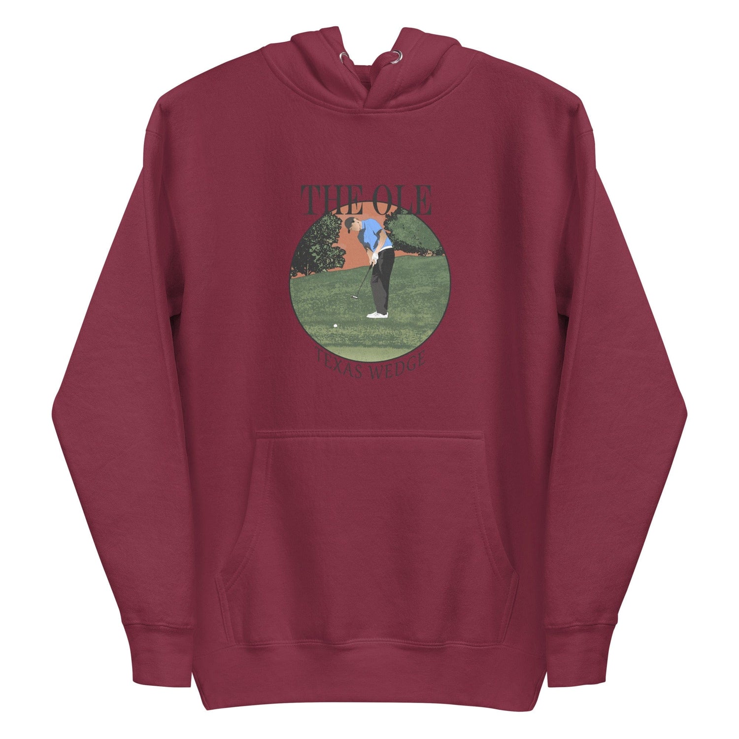 a red Texas Wedge Hoodie with a Cart Jockey Golf golf player on it.