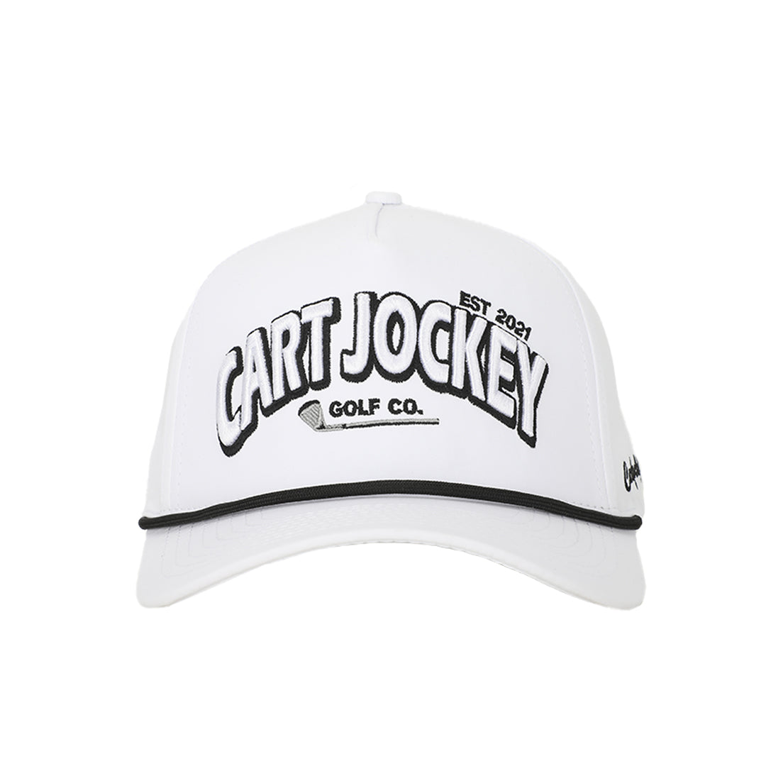 a Cart Jockey Golf Caddie White Rope Hat with the word 'cart jockey' on it.