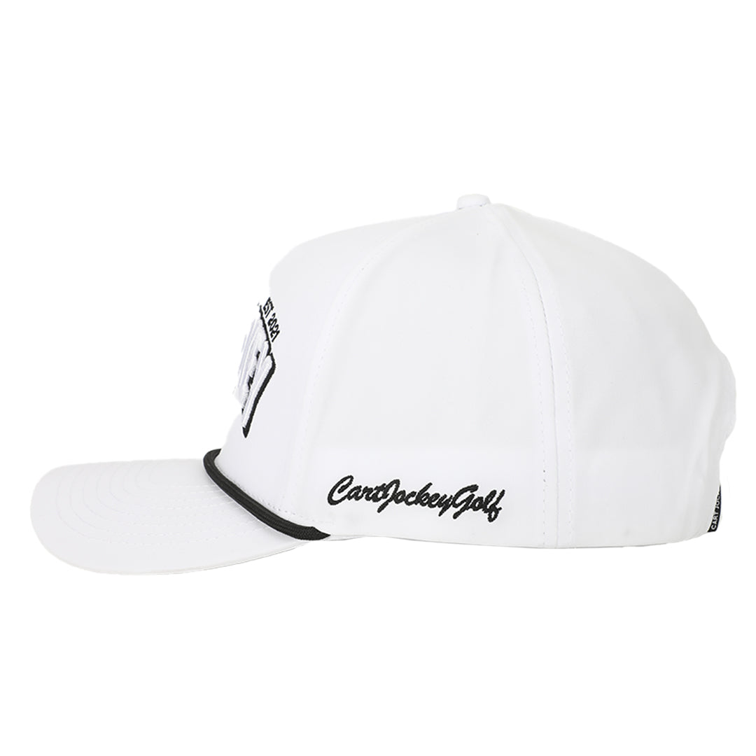 A Cart Jockey Golf Caddie White Rope Hat with a black logo on it.