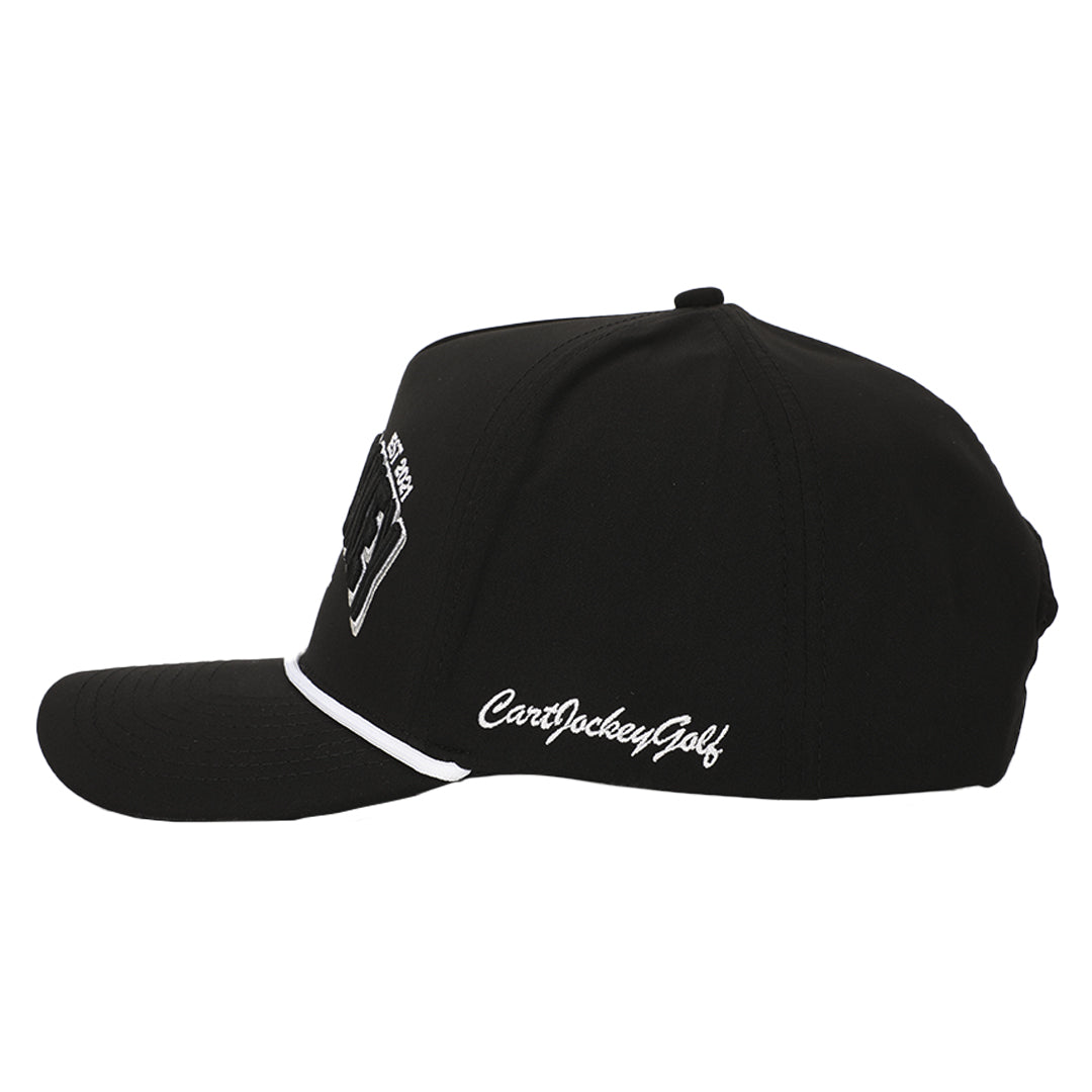 a black The Caddie Midnight Rope Hat with white text by Cart Jockey Golf.