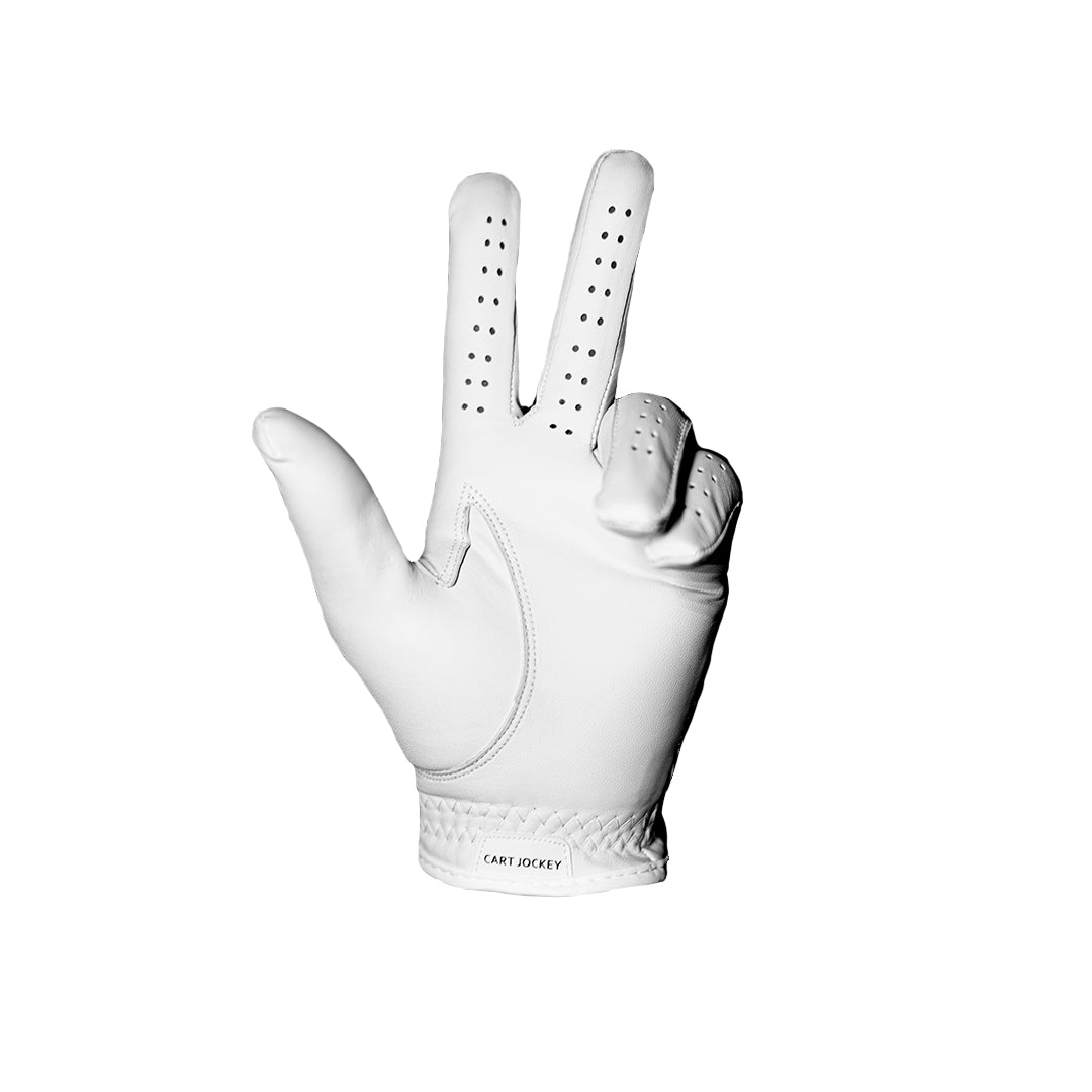 a Magnetic Golf Glove - White with a white finger on it produced by Cart Jockey Golf.