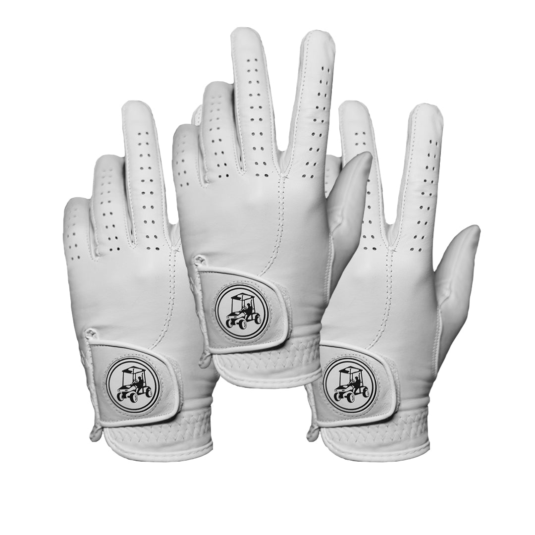 a pair of Magnetic Golf Gloves - White - 3 Pack with the Cart Jockey Golf logo on them.