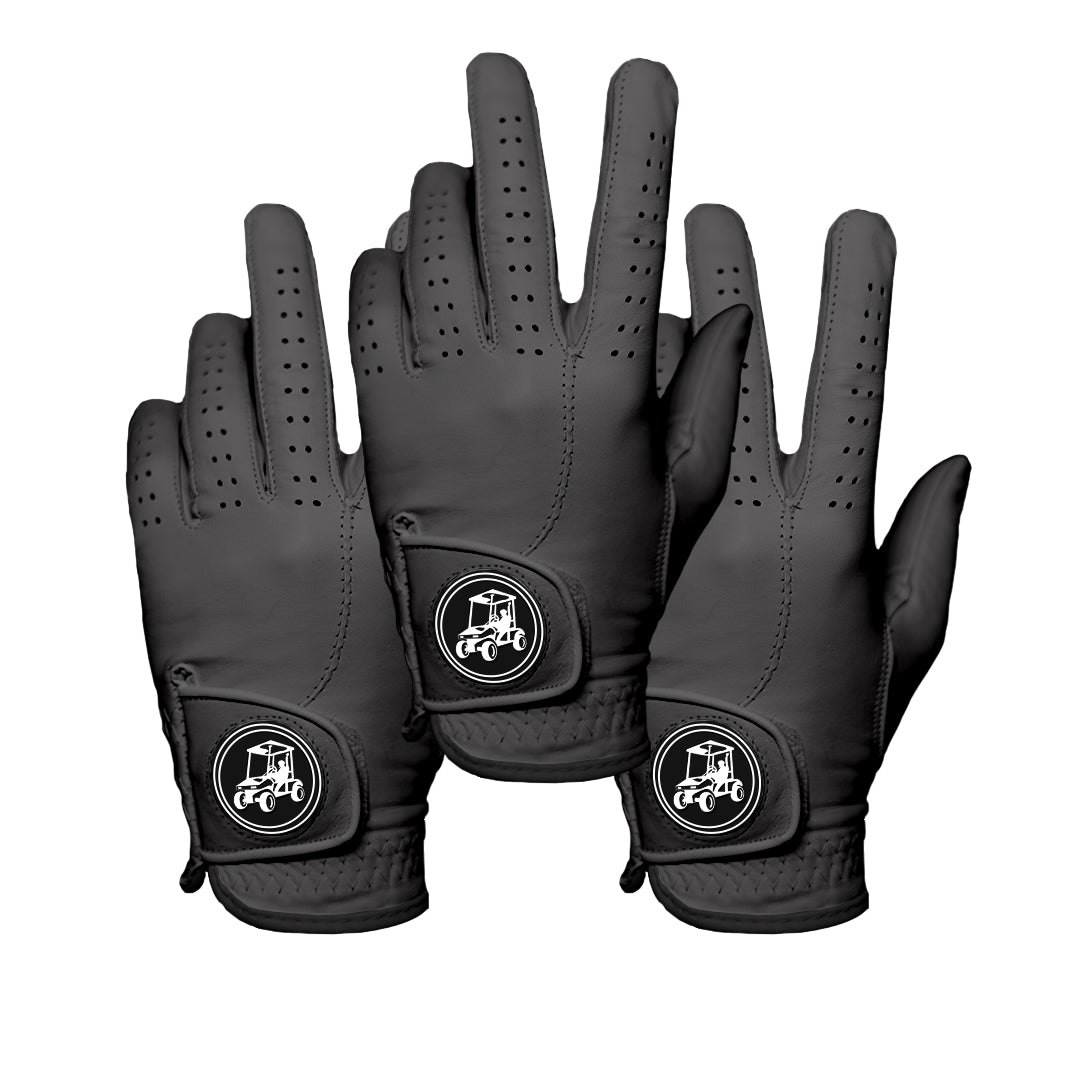 A pair of Magnetic Golf Gloves - Grey - 3 Pack with a logo on them, by Cart Jockey Golf.