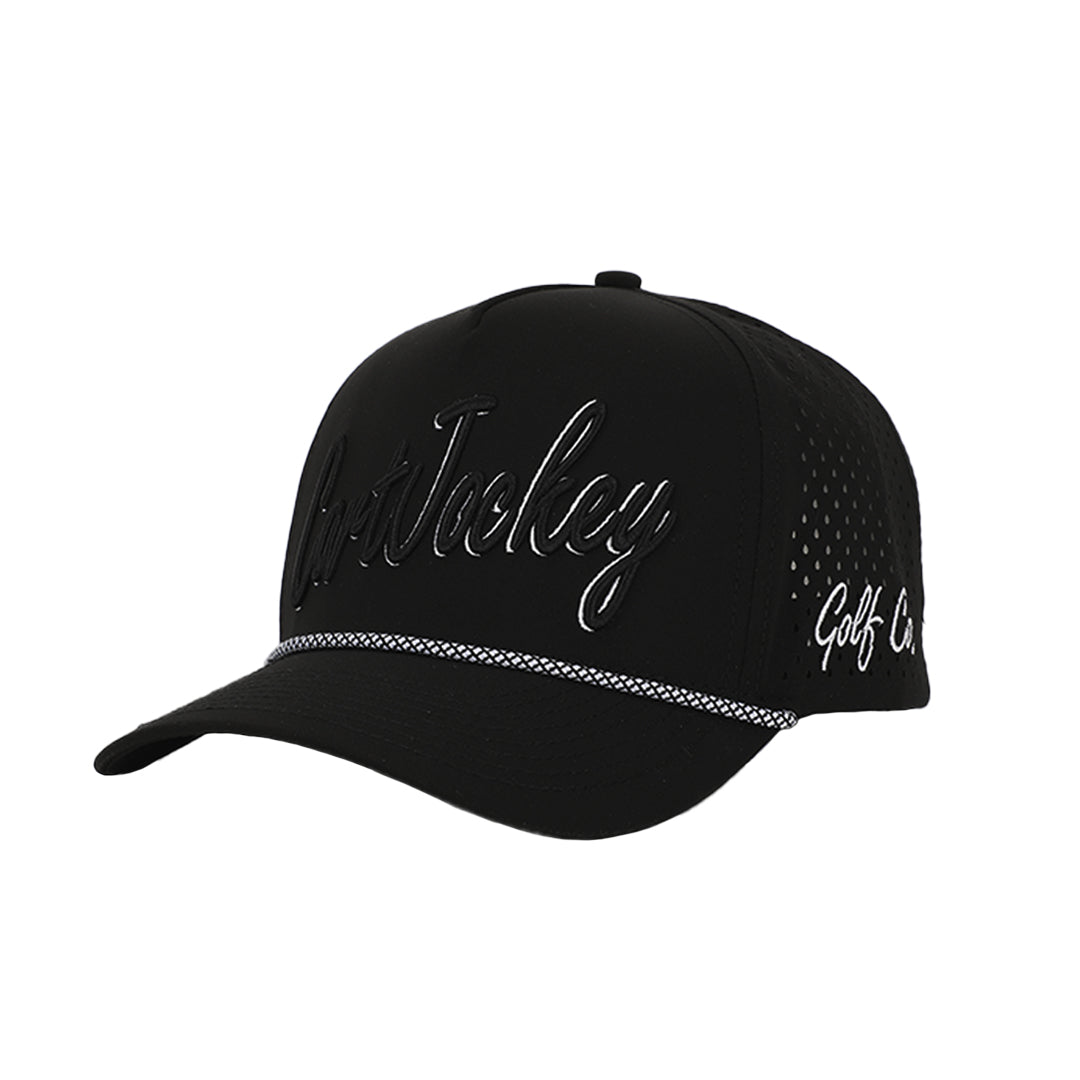 A black hat with the word 'alley' embroidered on it: The Signature Midnight Rope Hat by Cart Jockey Golf.