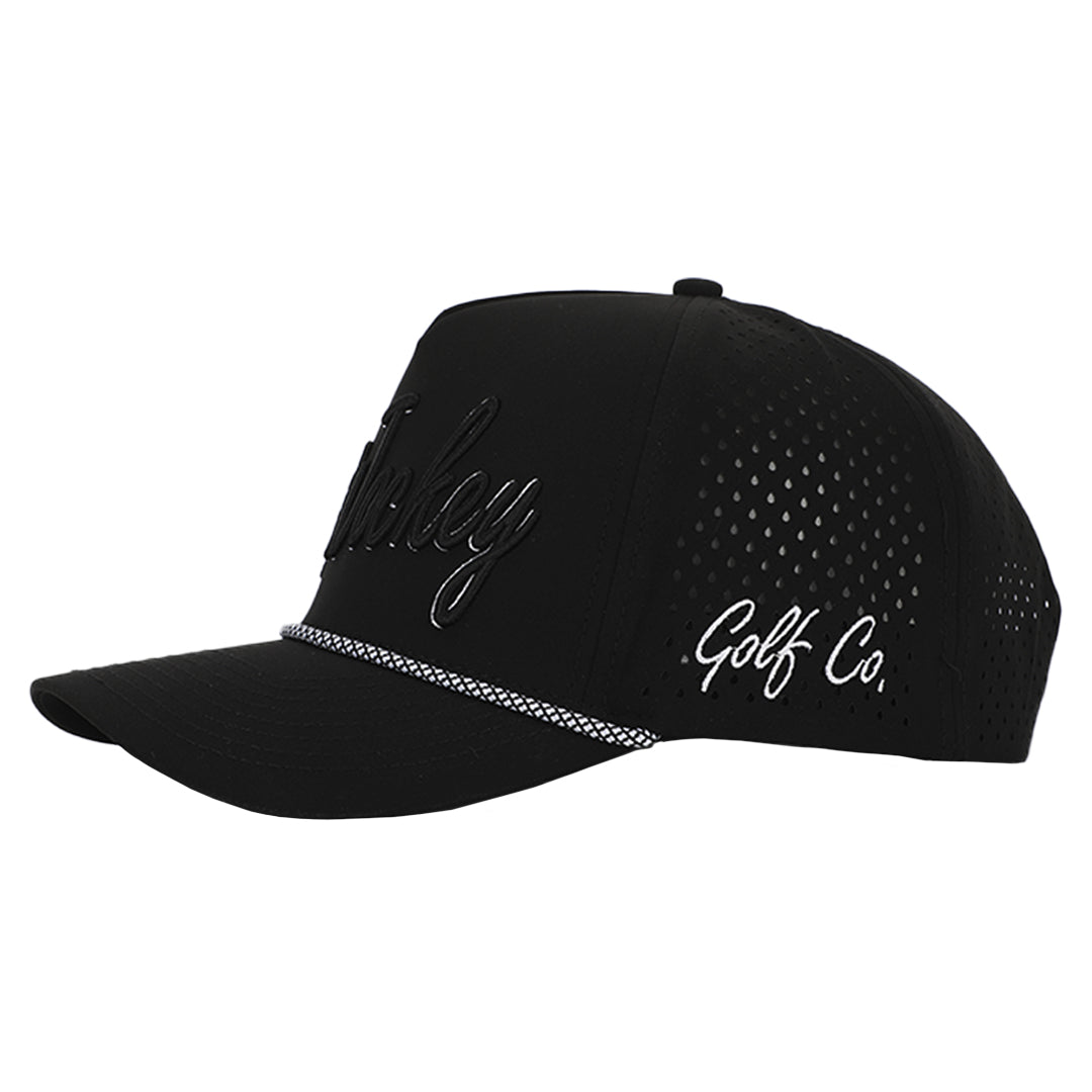 a black The Signature Midnight Rope Hat with the word golf on it, from the brand Cart Jockey Golf.