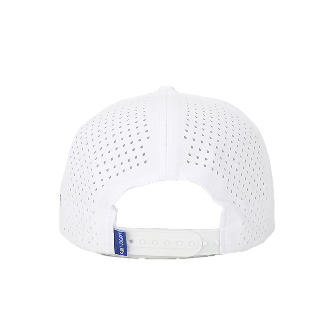 a white Signature Navy Rope Hat by Cart Jockey Golf with holes on the back.