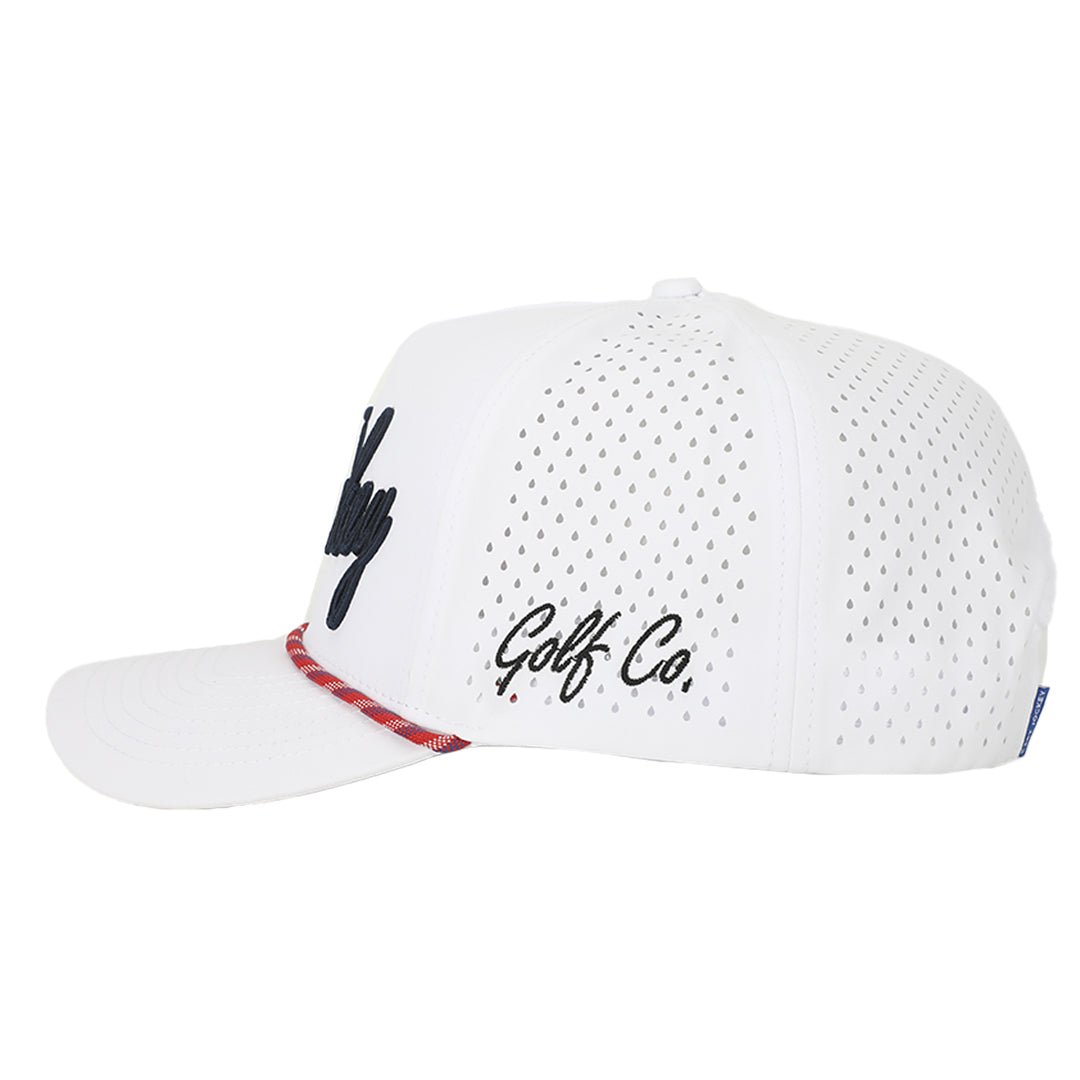a The Signature Navy Rope Hat with black text from Cart Jockey Golf.