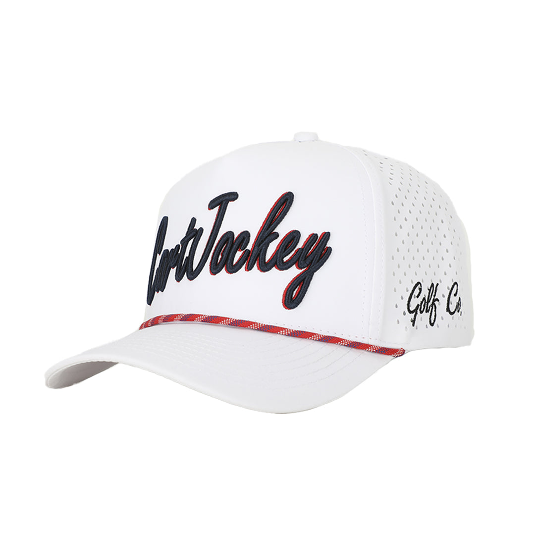 A Cart Jockey Golf Signature Navy Rope Hat with a red, blue and white logo on it.
