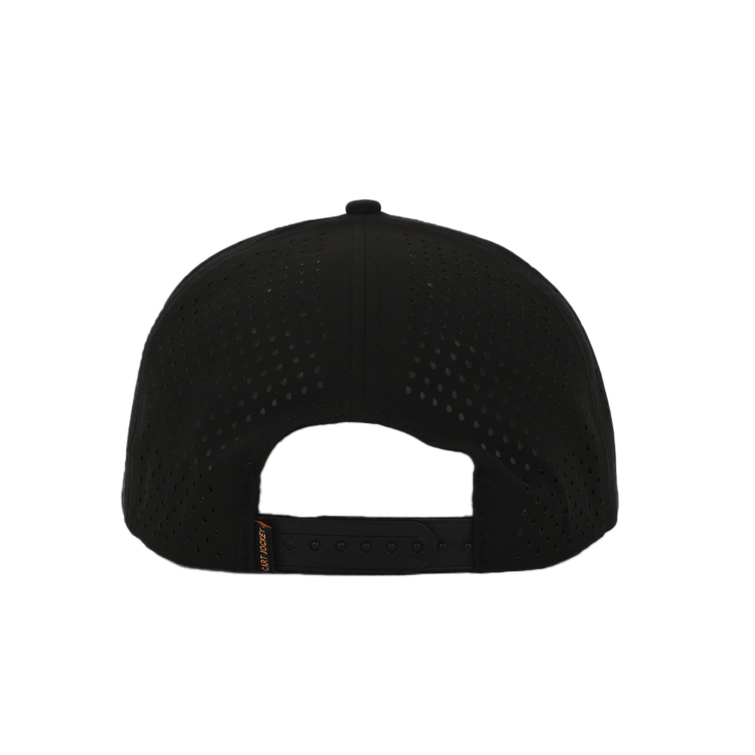 The Signature Midnight Bloom Rope Hat by Cart Jockey Golf, a black hat with a perforated design.