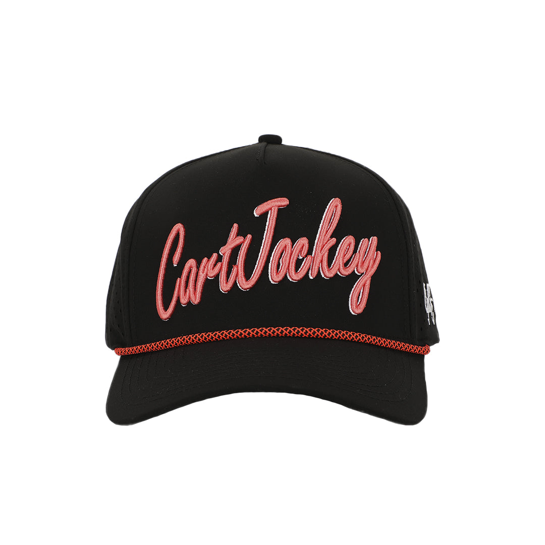 a black The Signature Midnight Bloom Rope Hat with red text from Cart Jockey Golf.