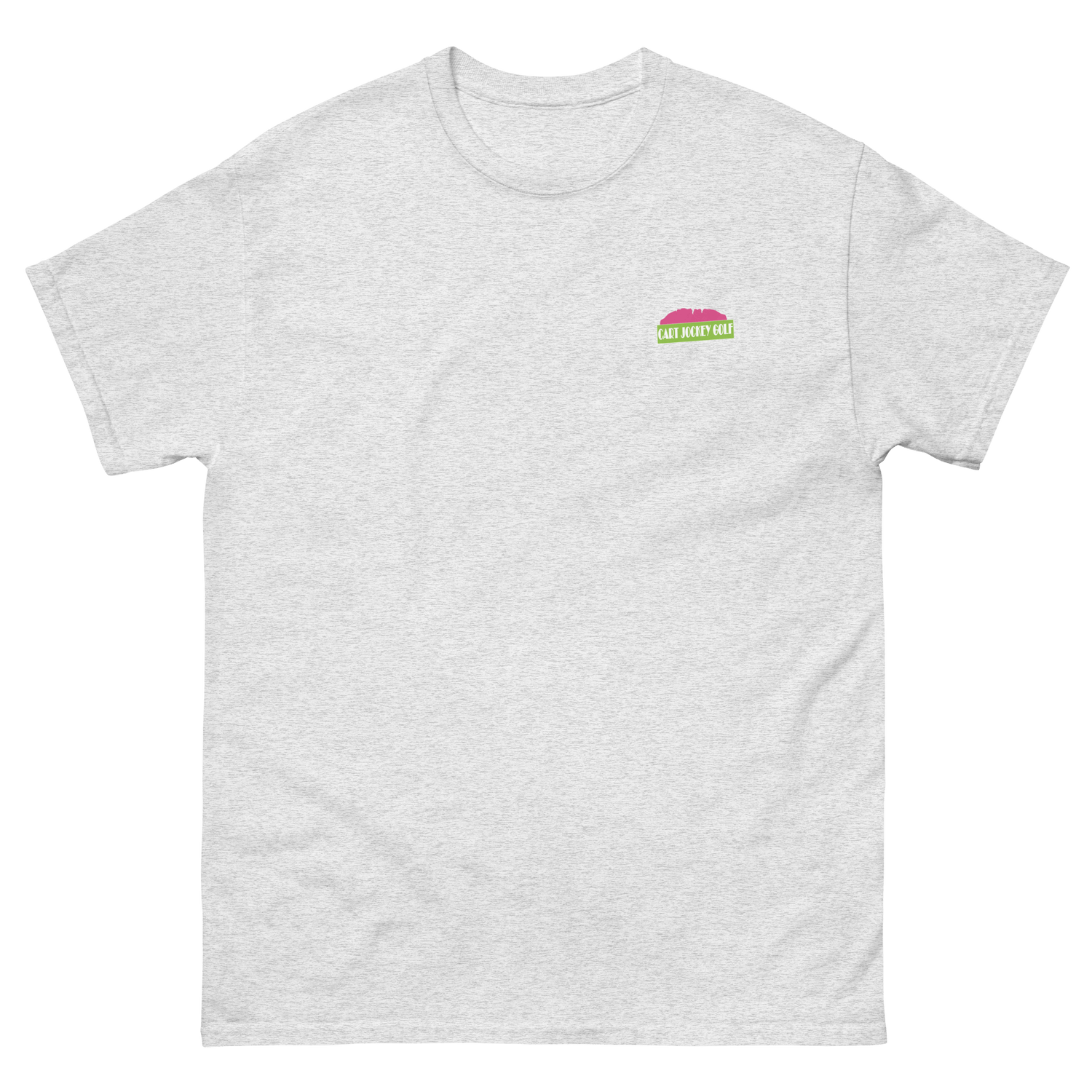 a Men's Origin tee from Cart Jockey Golf with a pink and green logo on it.