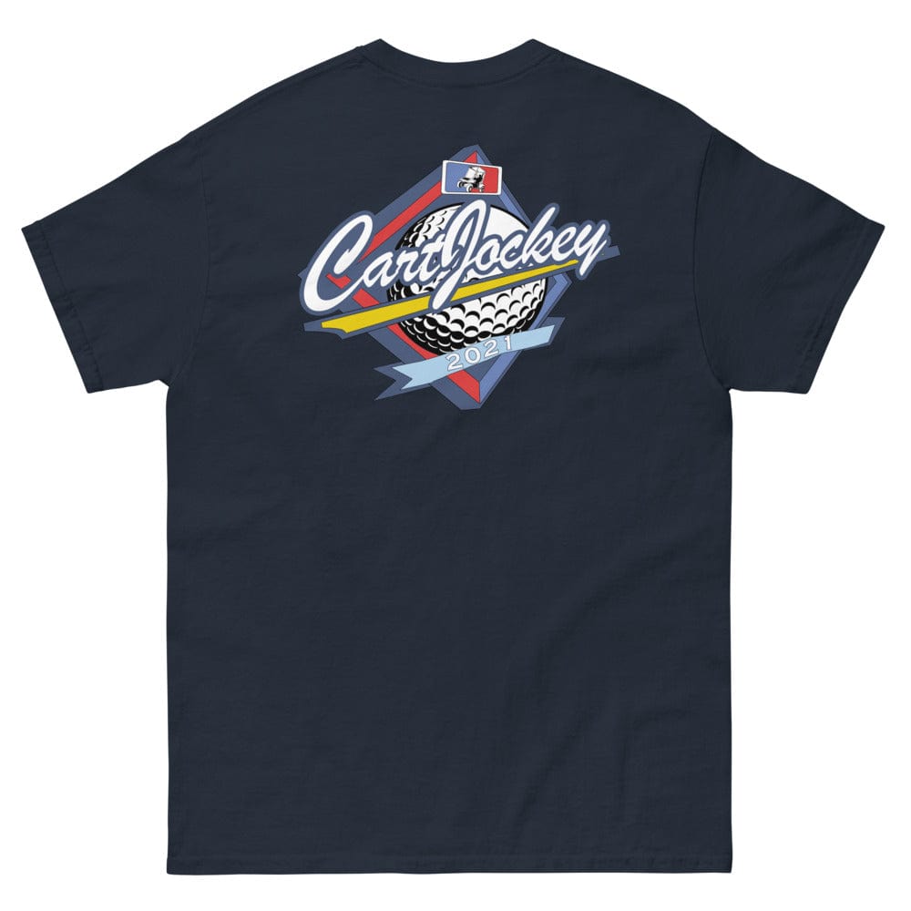 a navy Men's Cart Jockey Graphic tee with the word cardy on it, made by Cart Jockey Golf.