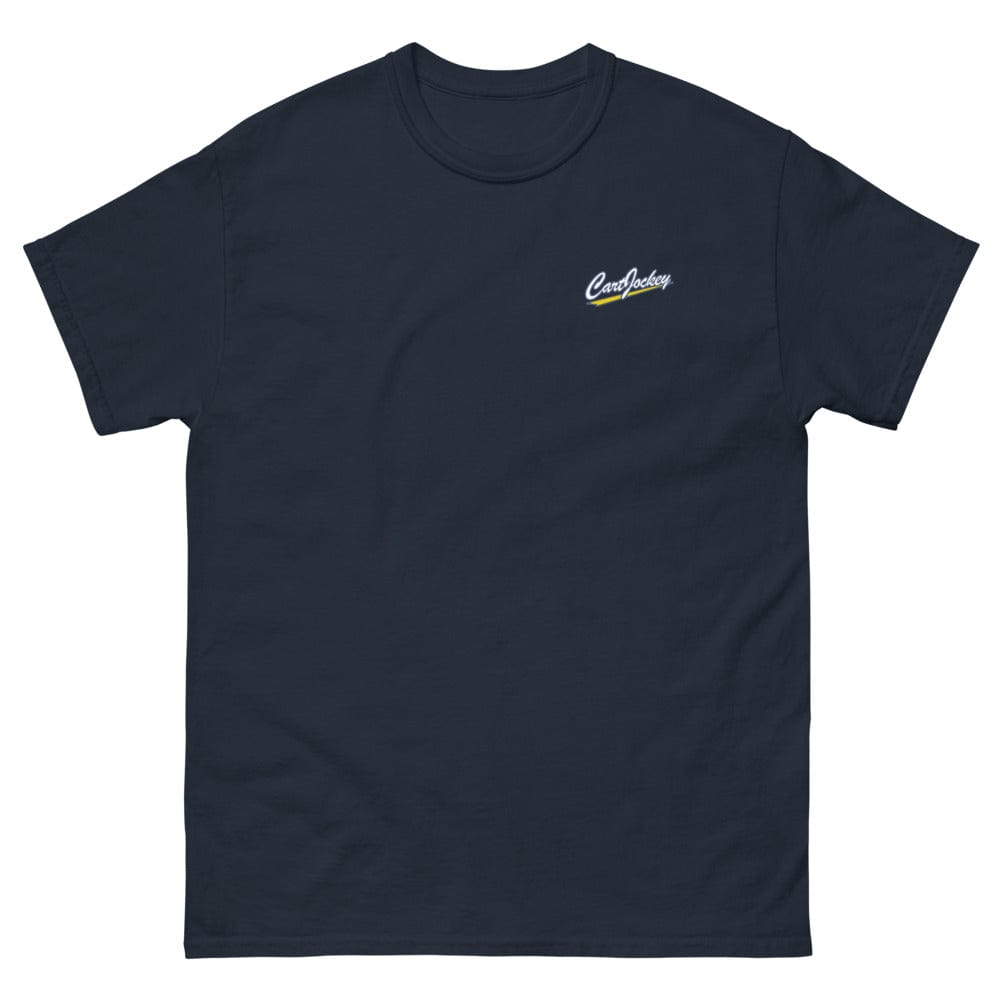 a navy Men's Cart Jockey Graphic tee with the word california on it.