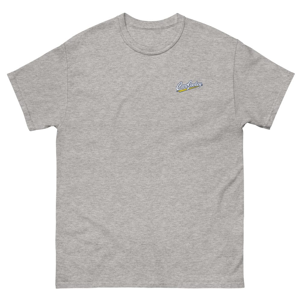 a Men's Cart Jockey Graphic tee with a yellow and blue logo from Cart Jockey Golf.