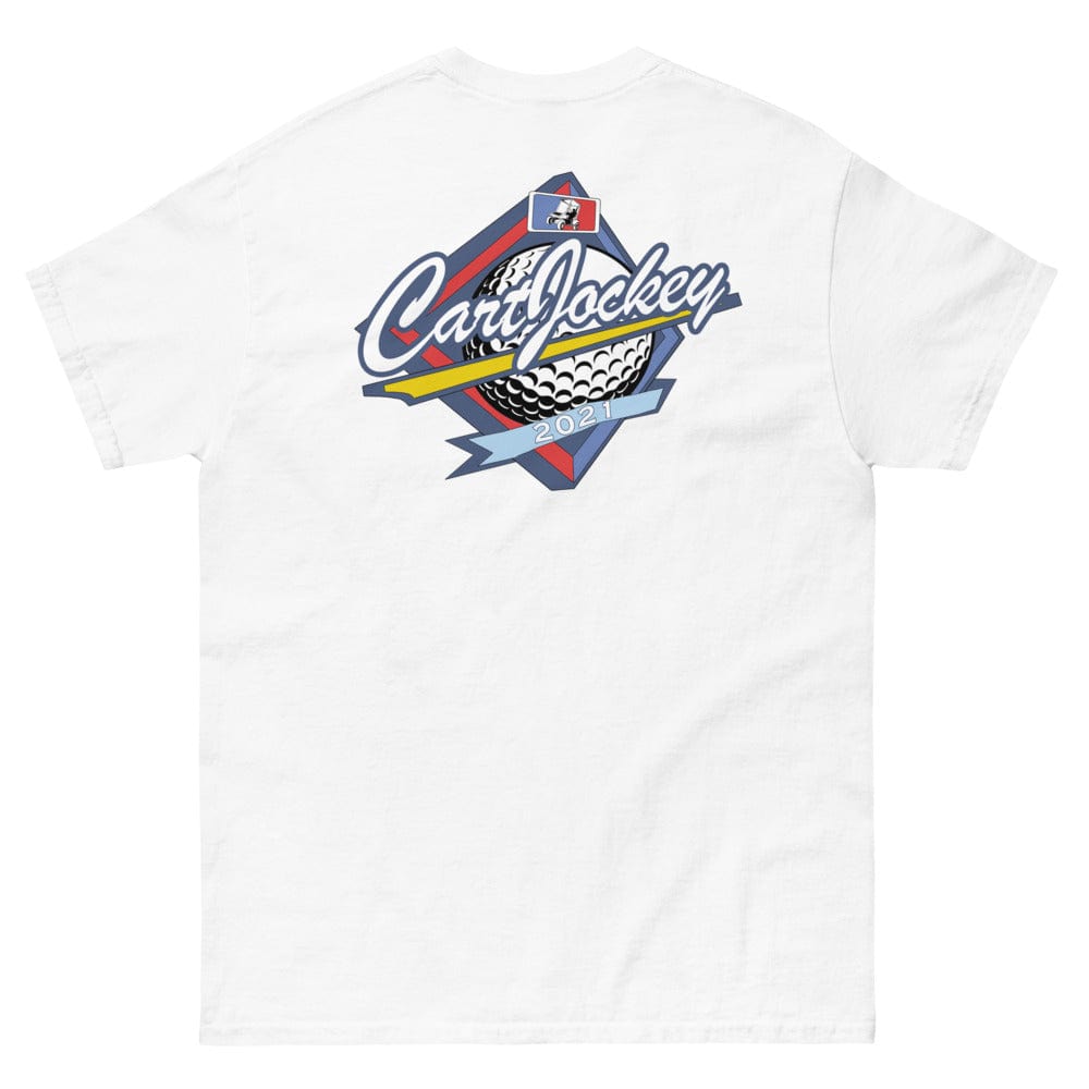 a Men's Cart Jockey Graphic tee with a red, blue, and yellow logo.
