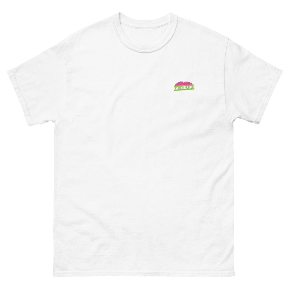 a Men's Origin tee from Cart Jockey Golf with a pink and green logo on it.