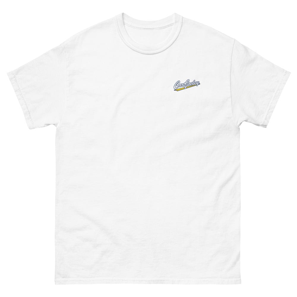 a Men's Cart Jockey Graphic tee with a yellow and blue logo.