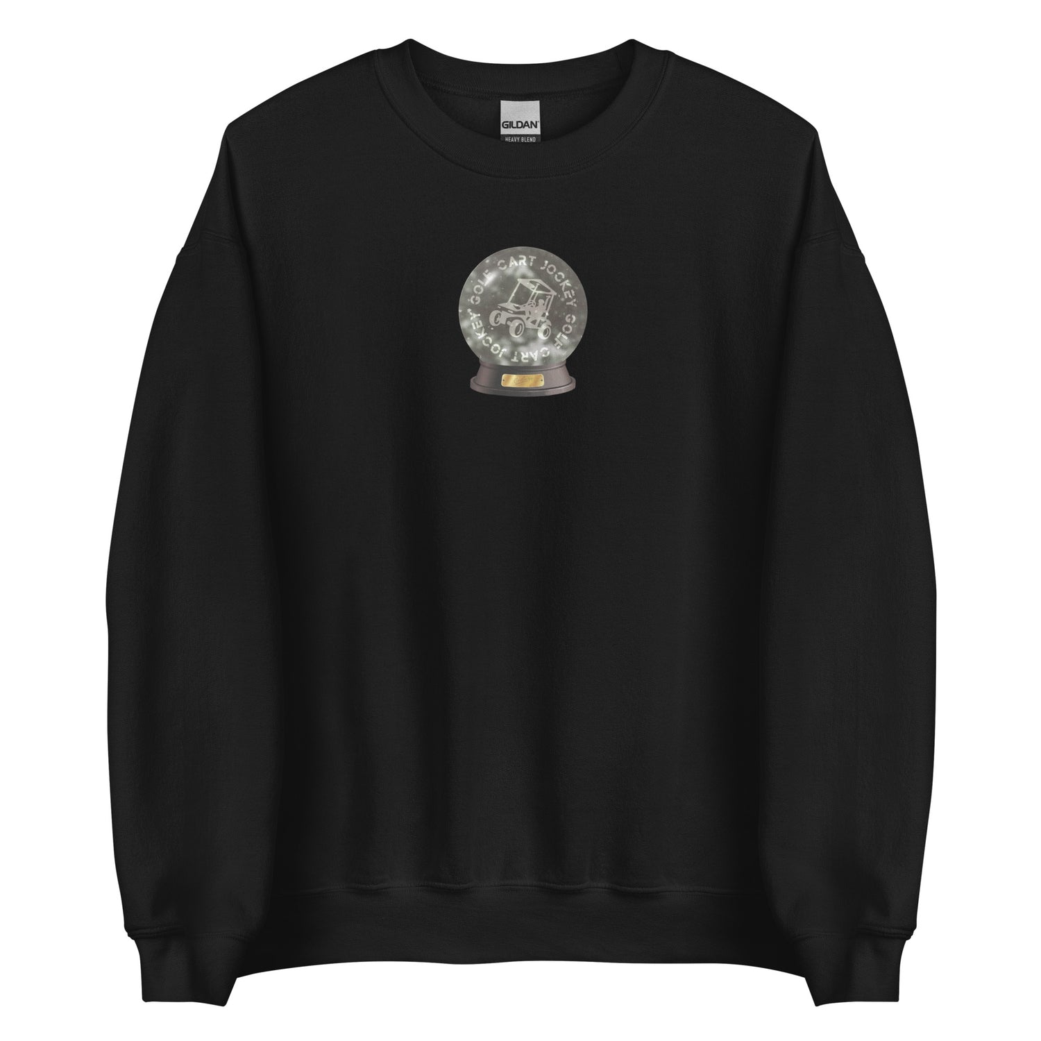 a black Snow Globe Crewneck sweatshirt with a Cart Jockey Golf snow globe on it.