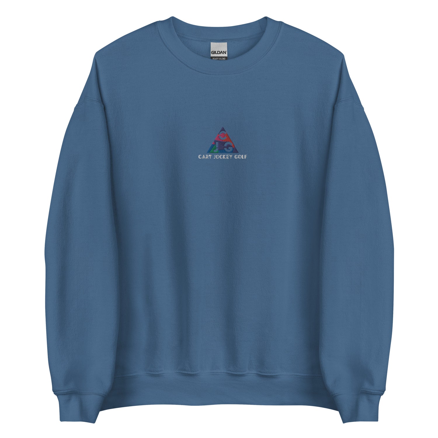 a Triangle Embroidered Crewneck by Cart Jockey Golf with the logo of a mountain on it.