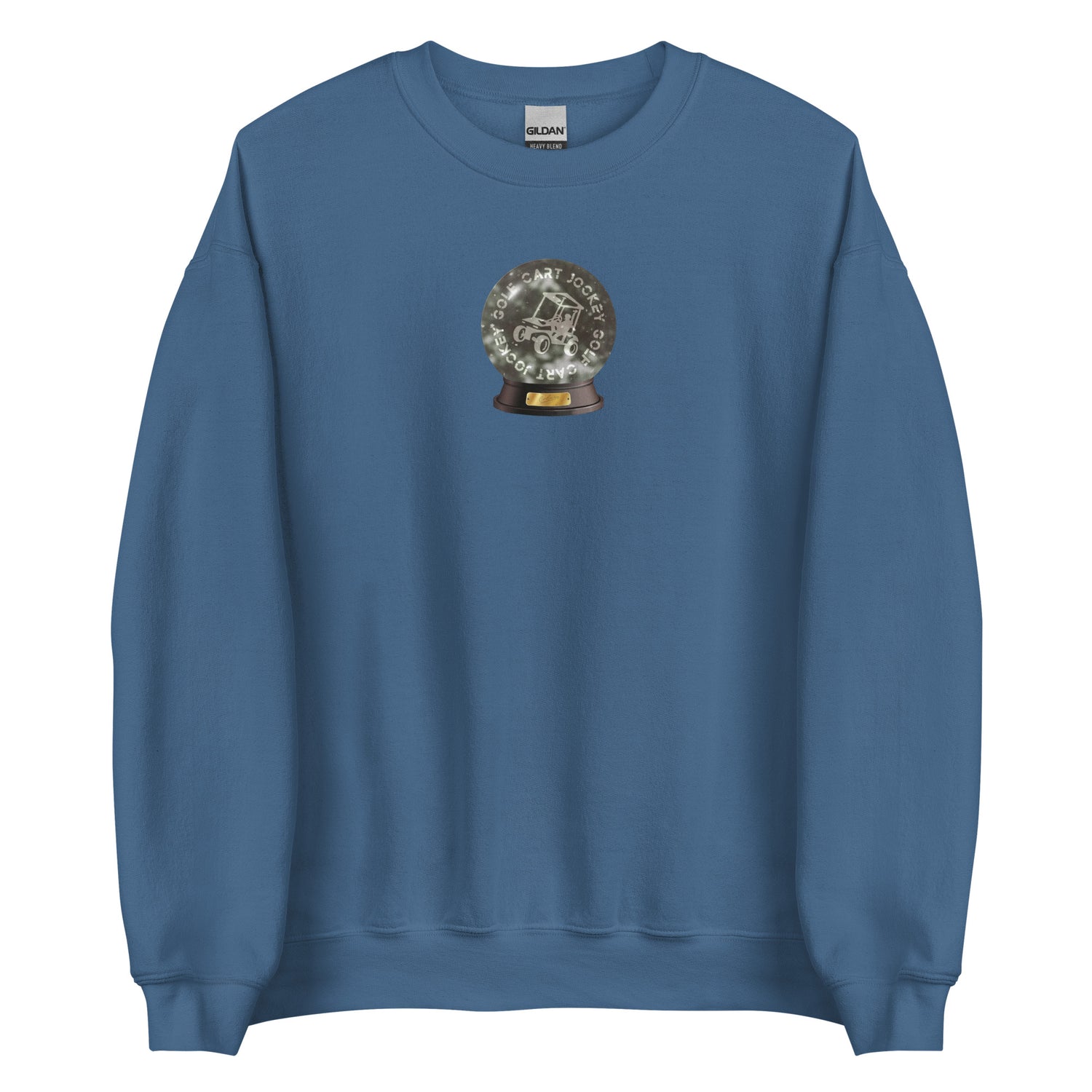 a blue Snow Globe Crewneck from Cart Jockey Golf with an image of a snow globe on it.