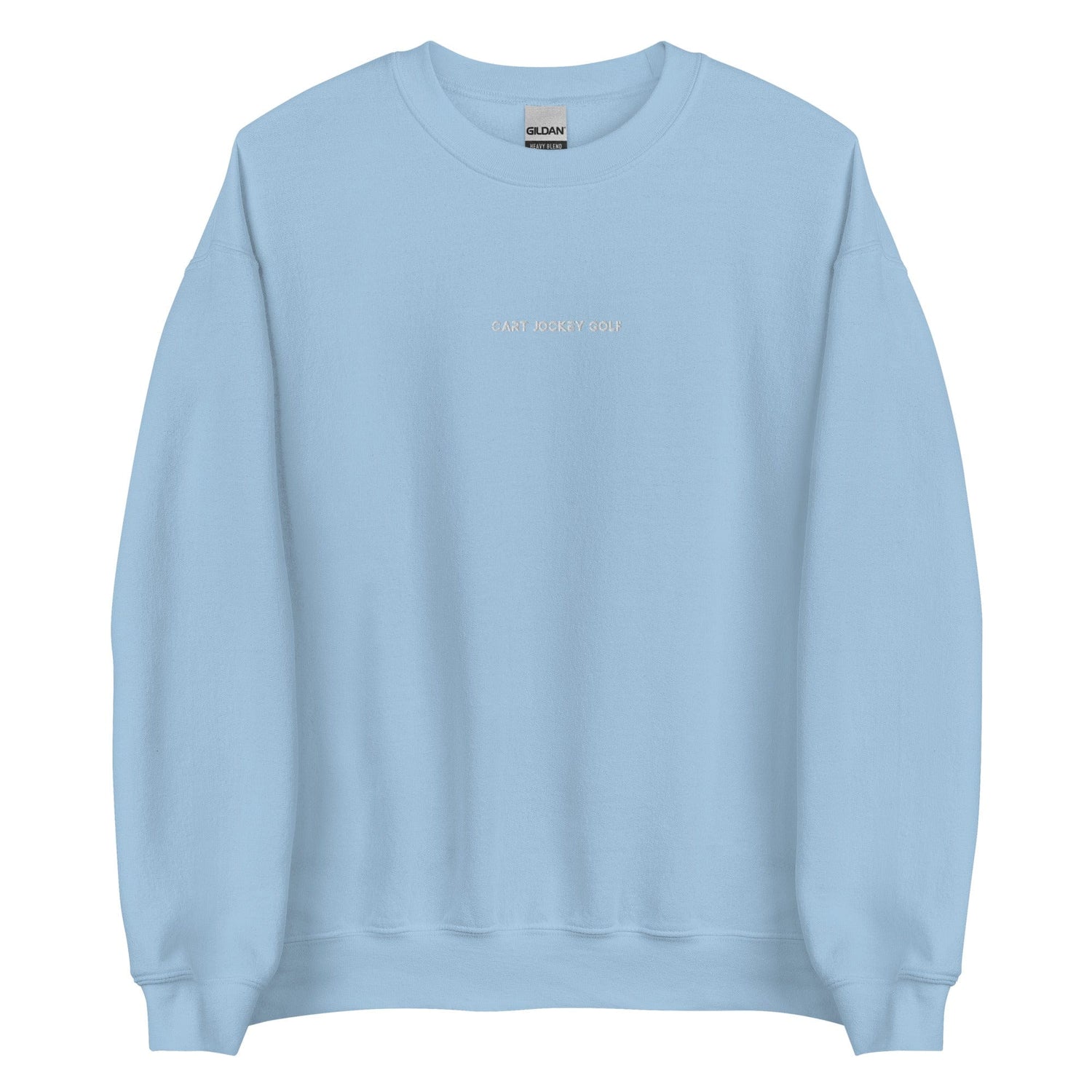 a light blue Simple Embroidered Crewneck sweatshirt with the word 'love' embroidered on it from Cart Jockey Golf.