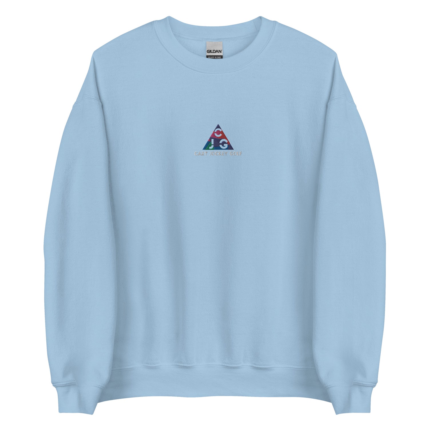 a light blue Triangle Embroidered Crewneck sweatshirt with Cart Jockey Golf embroidered on it.