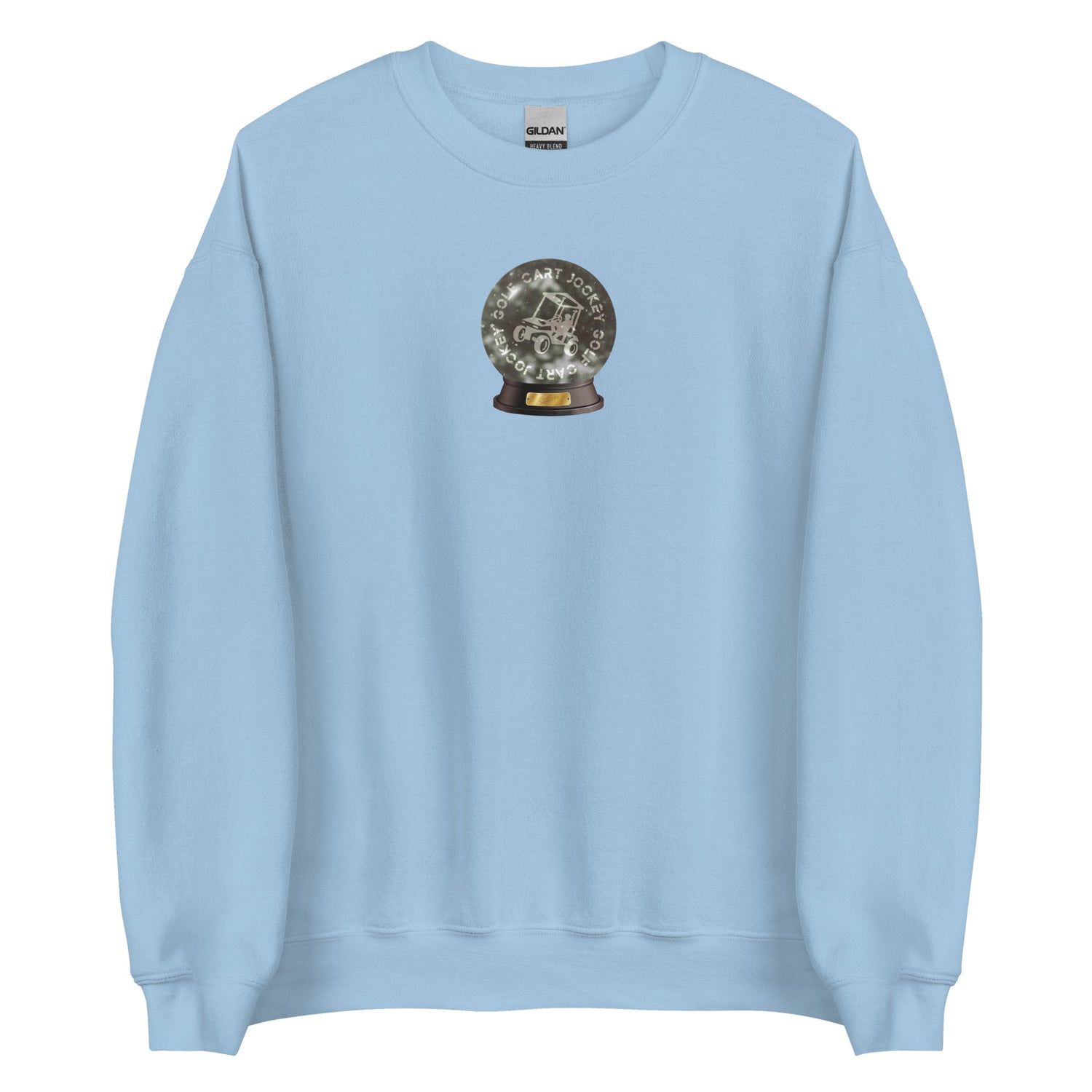 a light blue Snow Globe Crewneck sweatshirt from Cart Jockey Golf.