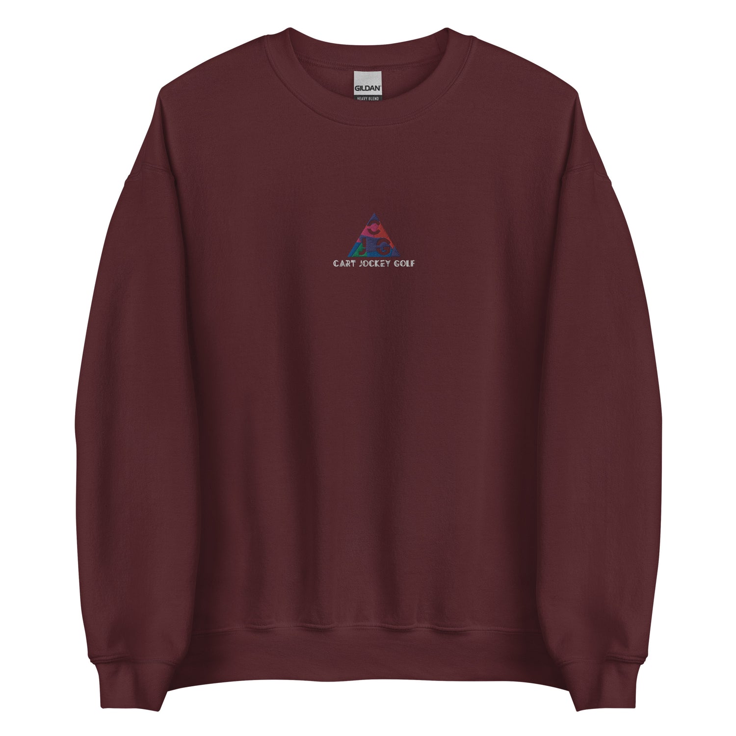 a Triangle Embroidered Crewneck sweatshirt with the word mountain on it from Cart Jockey Golf.