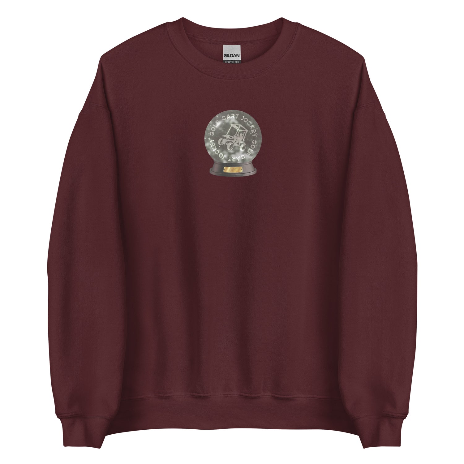 a maroon Snow Globe Crewneck with Cart Jockey Golf on it.