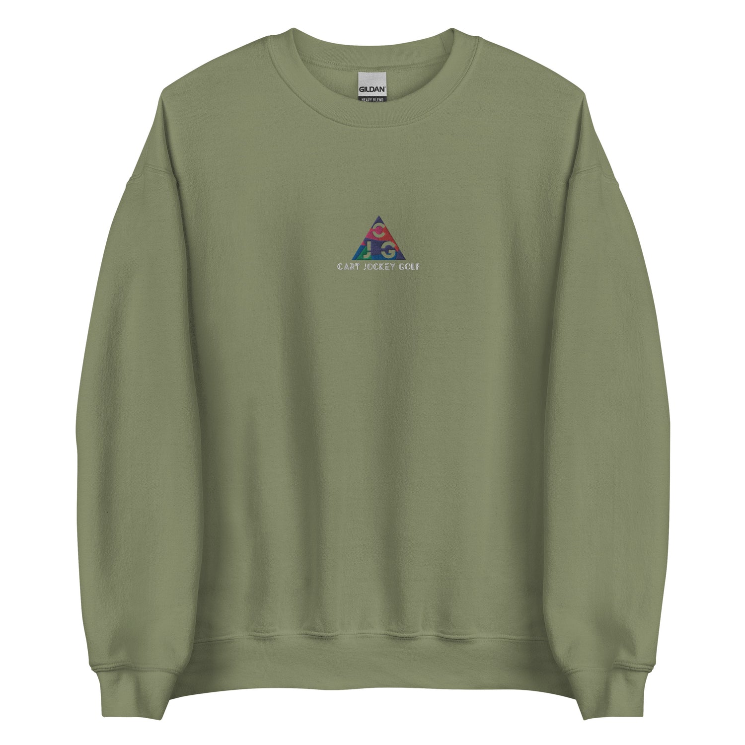 a Triangle Embroidered Crewneck sweatshirt with a Cart Jockey Golf logo on it.