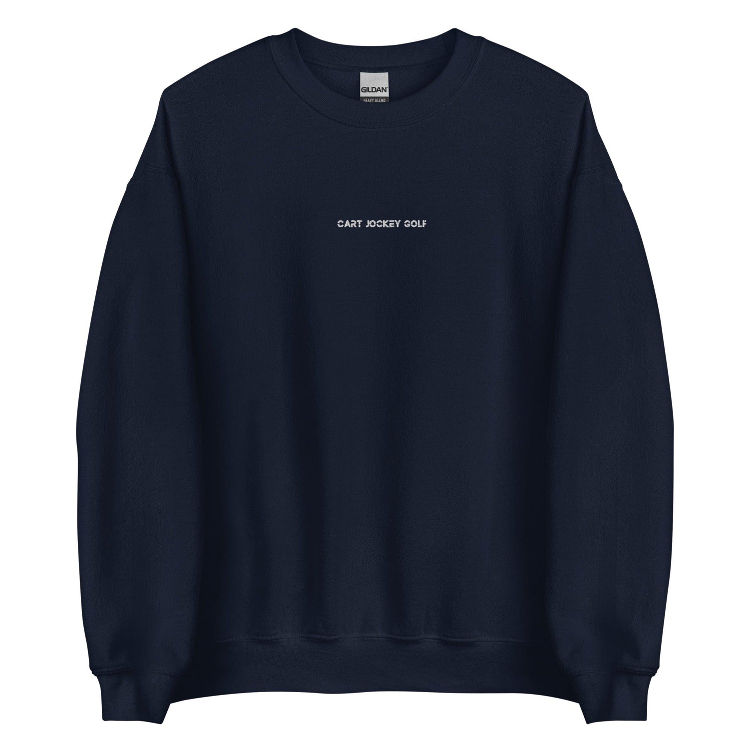 a navy Simple Embroidered Crewneck sweatshirt with the words 'you are not alone' on it, by Cart Jockey Golf.