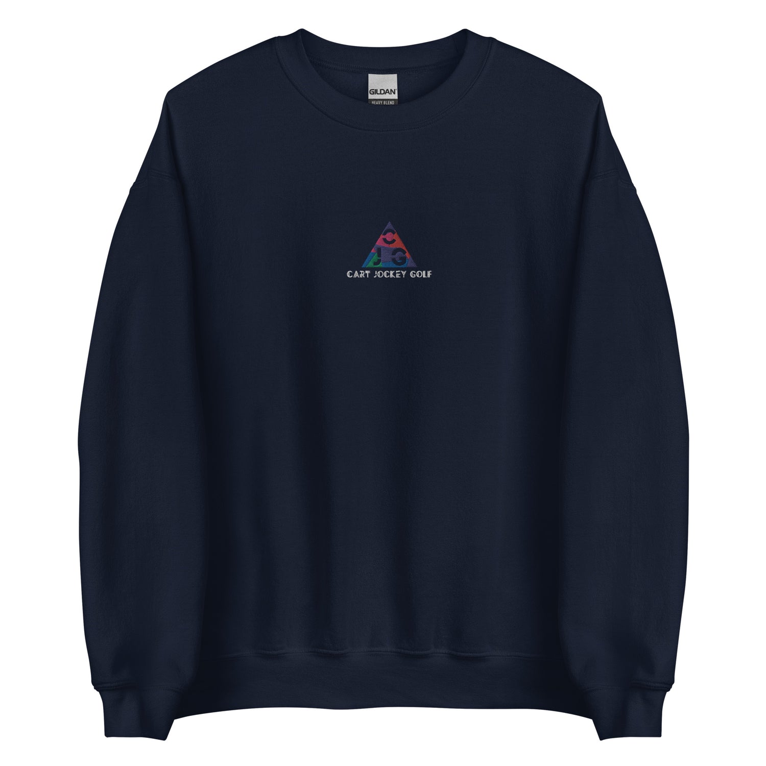 a navy sweatshirt with a Triangle Embroidered Crewneck logo on it by Cart Jockey Golf.