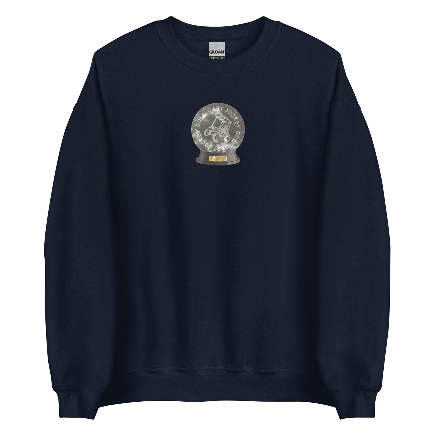 a navy Snow Globe Crewneck with a snow globe on it from Cart Jockey Golf.