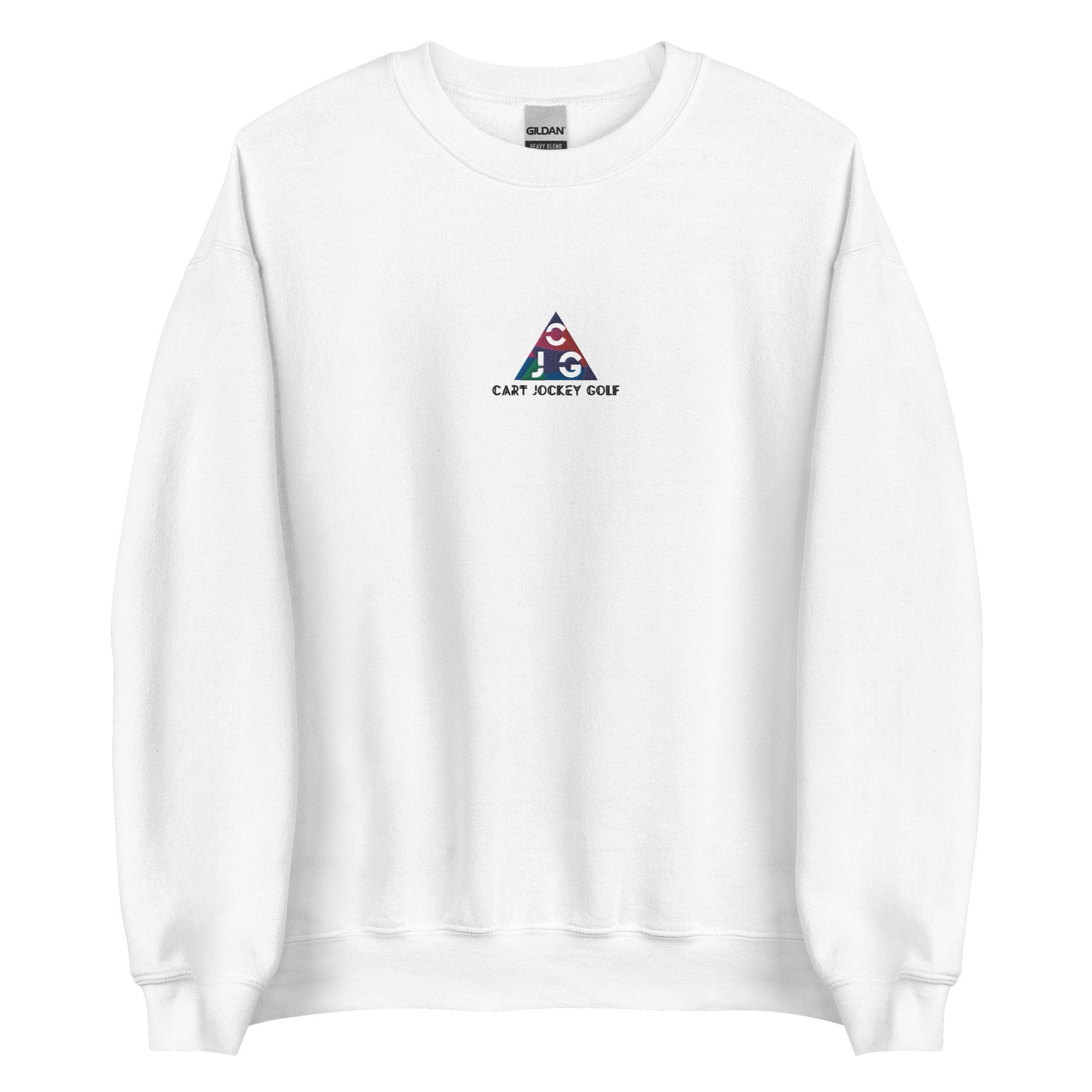 a white Triangle Embroidered Crewneck sweatshirt with a triangle on it from Cart Jockey Golf.