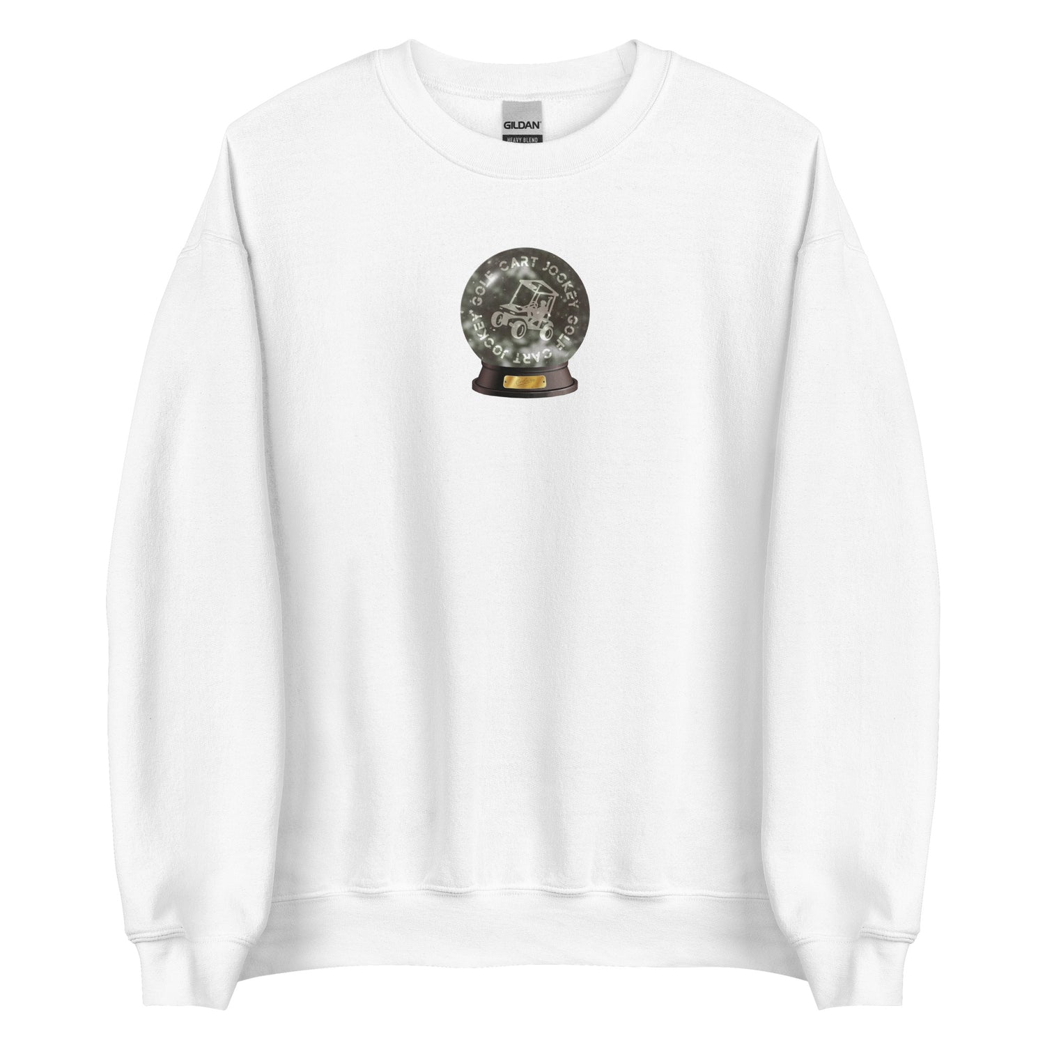 a white Snow Globe Crewneck sweatshirt with the Cart Jockey Golf logo on it.