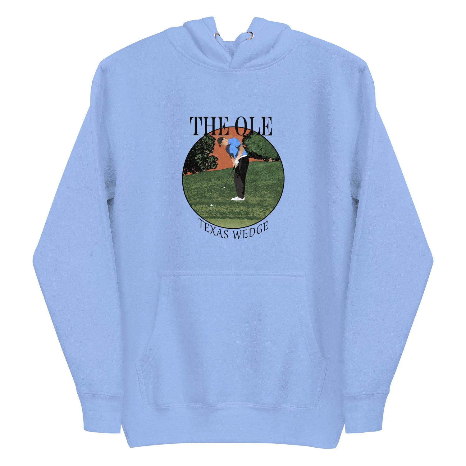 A Cart Jockey Golf light blue Texas Wedge Hoodie with a picture of a man on a golf course.