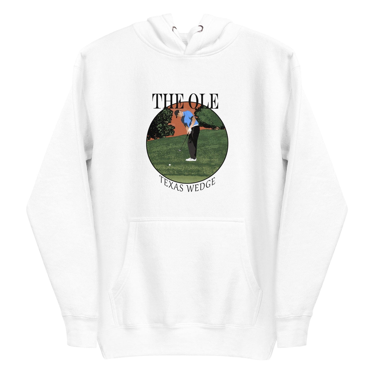 A Texas Wedge Hoodie with an image of a man playing golf by Cart Jockey Golf.